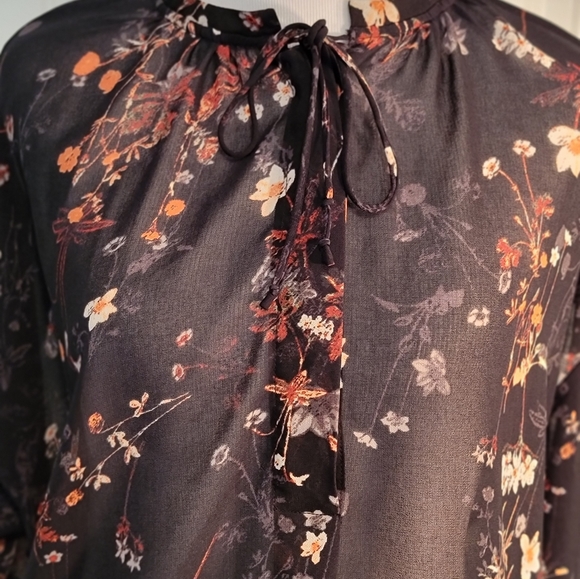 'A New Day' Black Sheet Peasant Blouse with Burnt Orange Floral Pattern - Size L - Picture 3 of 5
